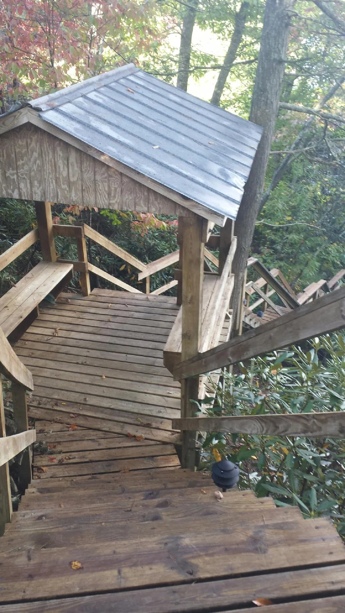 Metal roofed shelter over wooden steps on a wooded walkway — Skylight Repair & Installation work by our crew in Brothers